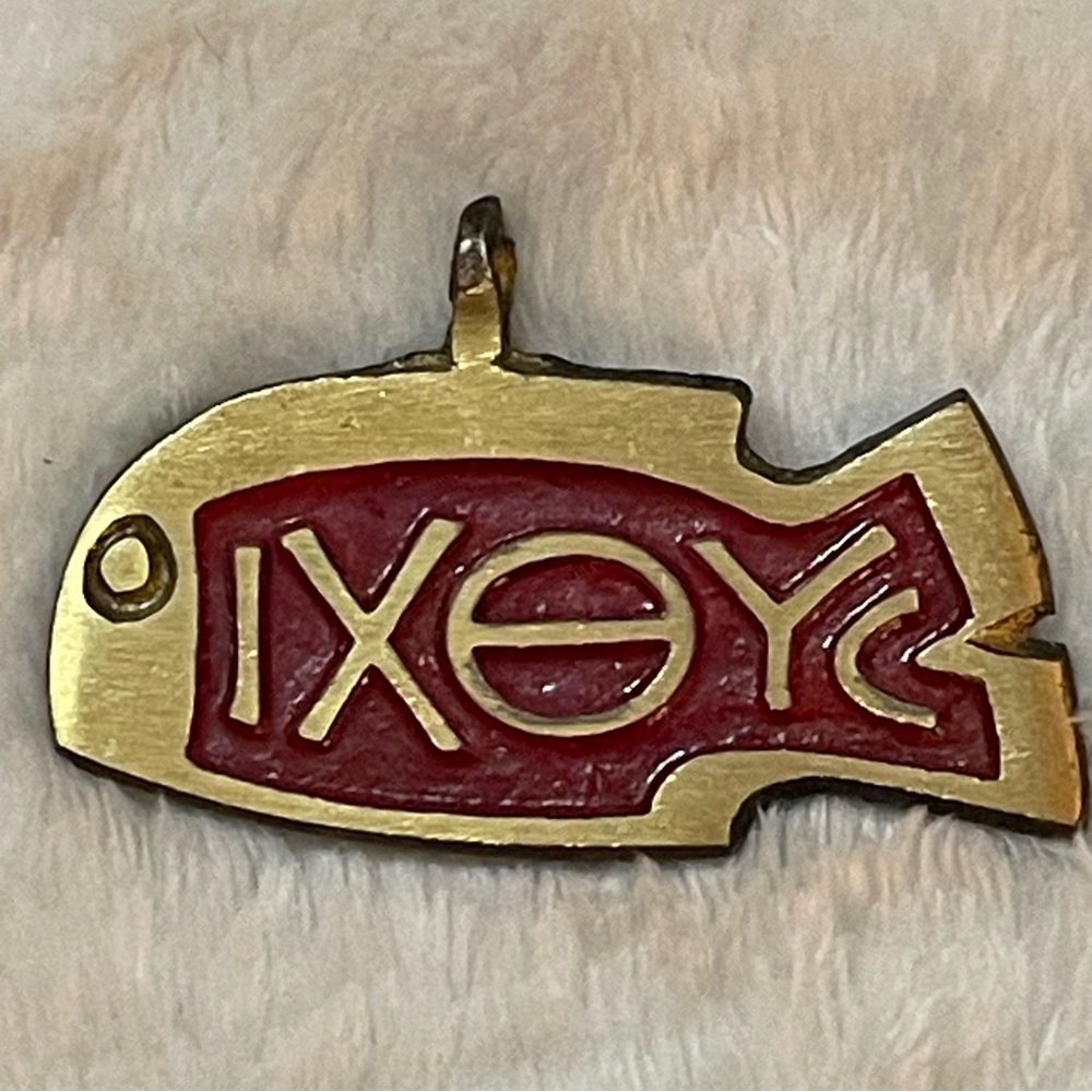 Vintage Ichthys Fish Pendant Brass & Red Enamel - Terra Sancta Guild
